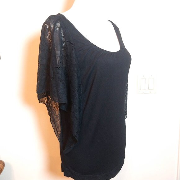 CAROLE LITTLE SIZE L BLACK SCOOP NECK LACE CASCADE SLEEVE TOP - Picture 4 of 10